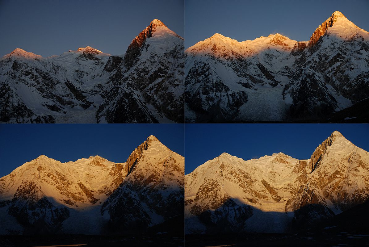 24 Sunrise On Pungpa Ri, Shishapangma East Face, Phola Gangchen From Kong Tso In just under 10 minute, the rays of sunrise quickly descend Pungpa Ri, Shishapangma East Face and Phola Gangchen from Kong Tso camp (5198m).